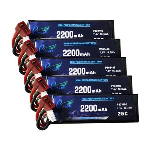 Skymaker WLtoys 7.4V 2200mAh 2S RC Car Battery 25C Max to 50C Rechargeable Lipo Battery with T Connector for 1/14 1/12 1/10 Scale RC Car Boat 5 Packs