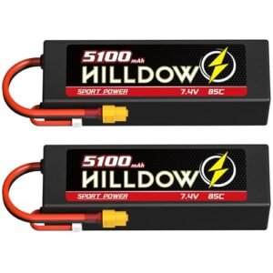 Hilldow 2S Lipo Battery 5100mAh 7.4V 85C Hard Case with XT60 Connector for RC Vehicles 2 Packs