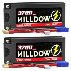 Hilldow 7.6V 2S Shorty Lipo Battery 120C 3700mAh Hard Case with 5mm Bullet to EC3 Connector for RC Garbage Trucks and 1/10 Scale Vehicles 2 Packs