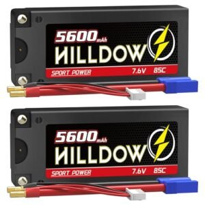 Hilldow 2S Shorty Lipo Battery High Voltage 7.6V 85C 5600mAh RC Lipo Battery Hard Case with 5mm Bullet to EC3 Connector for RC 1/10 Scale Vehicles Trucks Boats RC Models(2 Packs)