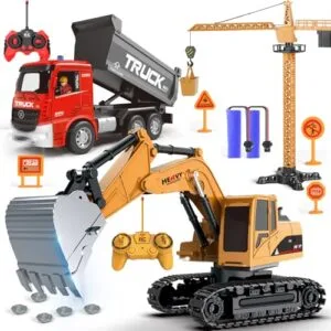 Leopmase RC Construction Dump Truck and Excavator Toy Set Rechargeable with Lights and Sounds for Kids
