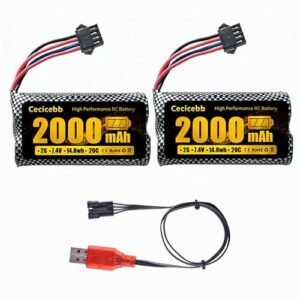 Cecicebb Airsoft Battery 2000mAh 7.4V Li ion Battery with SM 4P Plug 2 Pack Includes USB Charger Cable