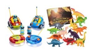 PREXTEX 2-Pack Cartoon Remote Control Cars, Police Car and Race Car With Dinosaur Figures for Kids 3-5+ (12 Plastic Figurines and Educational Book)