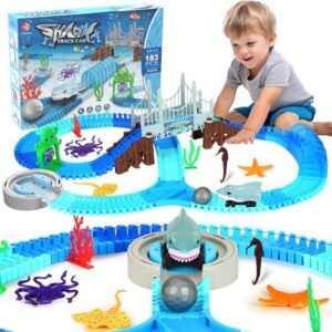Shark Toys 183 Pcs Ocean Theme RC Race Tracks Michigan Set for Kids Ages 3 to 7 Flexible Train Tracks with Shark Car and Ball Educational Playset