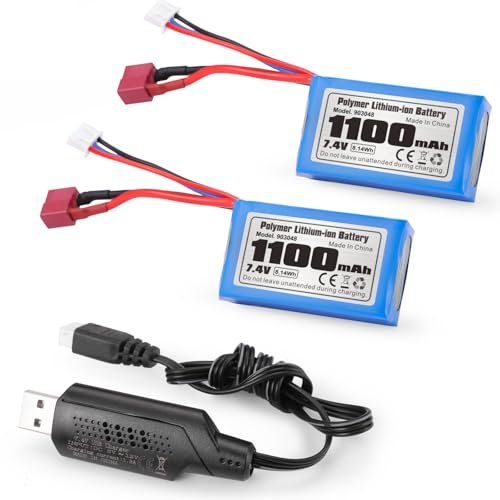 HAIBOXING RC Car T Plug 7.4V 1100mAh Li PO Rechargeable Battery 2 Pack with USB Charger for 16890A 16890SA 3100A Models