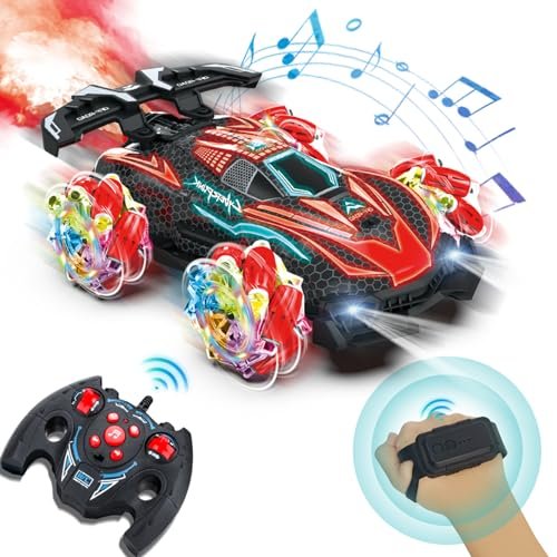 OSQI RC Gesture Sensing Stunt Car, with Spray, Light & Music, Best Toy for Boys 6-12 Years Old 360° Rotating 4WD Remote Control Transforming 2.4Ghz Manual Control Car Birthday Present (Red)