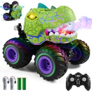 DYODYORC 2.4Ghz All Terrain Dinosaur Monster Truck Toys with Spray Music and 3 Lighting Effects Stunt Capable RC Monster Truck Bodies for Boys and Girls Green Purple