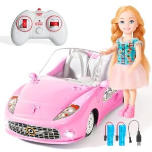 UMONIE Pink 100 mph RC Car Crash Toy for Girls 2.4Ghz Racing Remote Control Car with Doll 1:18 Scale Rechargeable Battery Kids Birthday Gift
