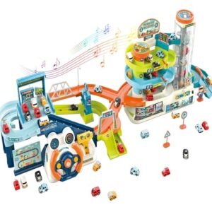 Fisca RC Car Ramp 2 in 1 Race Car Tracks PlaySet with 6 Cars Automatic Rotary Elevator and Steering Wheel Music Driving