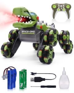 YQOGK Steve Irwin RC Truck Transformable Dinosaur Toy with Mist Spray and LED Lights 2.4 GHz Remote Control Monster Truck Stunt Vehicle for Kids Boys 7 8 12 Green