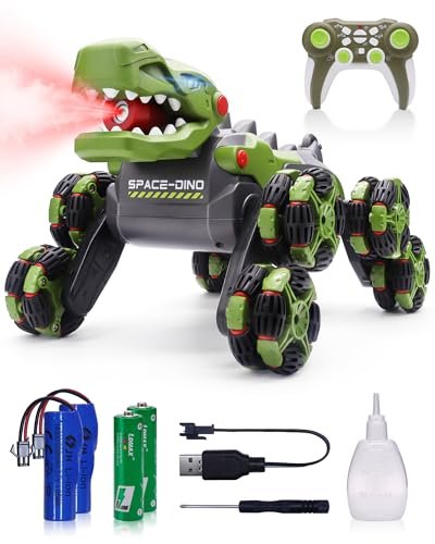YQOGK Steve Irwin RC Truck Transformable Dinosaur Toy with Mist Spray and LED Lights 2.4 GHz Remote Control Monster Truck Stunt Vehicle for Kids Boys 7 8 12 Green