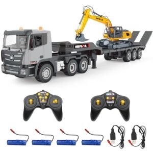 Fistone RC Excavator and Semi Truck Set 2.4Ghz Remote Control Construction Vehicles for Boys 1/24 Scale Engineering Tractor with Sound and Lights
