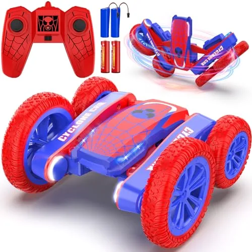 Spider 1/7 RC Car 2.4Ghz Fast Remote Control Stunt Vehicle 360° Rotating 4WD Crawler with Lights Rechargeable Toy for Boys Ages 6 to 10 Blue&Red