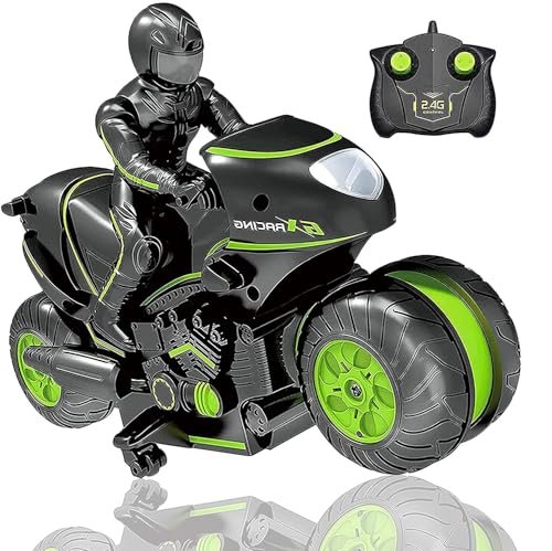 Hartya RC Motorcycle with RC Drift Car Wheels 360 Spinning Stunt Motorbike 2WD High Speed Toy for Kids Boys Girls Green