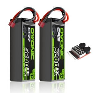 OVONIC Lipo Battery 11.1V 80C 5200mAh 3S Hardcase with Dean-Style Plug for RC Truck Kits Cheap and Other Racing Models 2 Packs Includes Lipo Voltage Checker