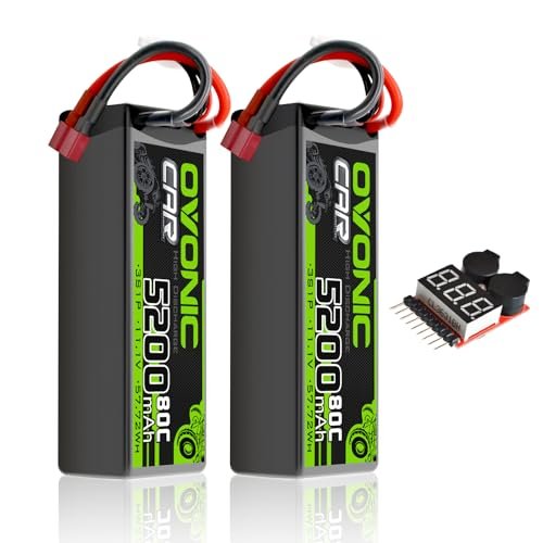 OVONIC Lipo Battery 11.1V 80C 5200mAh 3S Hardcase with Dean-Style Plug for RC Truck Kits Cheap and Other Racing Models 2 Packs Includes Lipo Voltage Checker