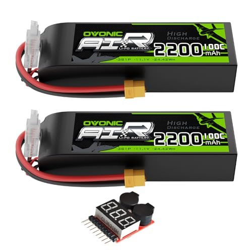 OVONIC 3S Lipo Battery 100C 2200mAh 11.1V for Granite Voltage RC Truck with XT60 Connector 2 Packs Includes Lipo Voltage Checker