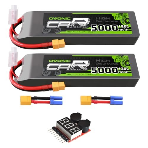 OVONIC 11.1V 120C 5000mAh 3S Lipo Battery Hard Case with EC5 Plug for RC Car RC Helicopter RC Truck RC Truggy Airplane Quadcopter UAV Drone FPV (2 Packs)(with Lipo Voltage Checker)
