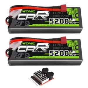 OVONIC 2s Lipo RC Car Battery 50C 5200mAh 7.4V with Dean Style T Connector and Lipo Voltage Checker 2 Packs