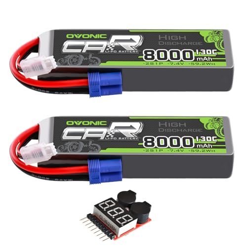 OVONIC 2S LiPo Battery 8000mAh 7.4V 130C for Longest RC Plane with EC5 Connector 2 Pack Includes Lipo Voltage Checker