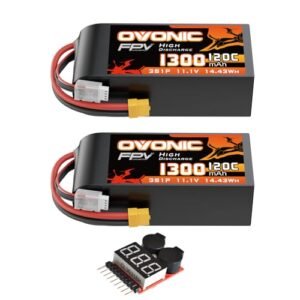 OVONIC Lipo Battery 11.1V 120C 1300mAh 3S with XT60 Plug Ideal for Youngest RC Helicopter Pilot FPV Racing Drone Quadcopter Airplane RC Boat Car Models 2 Pack with Lipo Voltage Checker