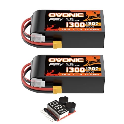 OVONIC Lipo Battery 11.1V 120C 1300mAh 3S with XT60 Plug Ideal for Youngest RC Helicopter Pilot FPV Racing Drone Quadcopter Airplane RC Boat Car Models 2 Pack with Lipo Voltage Checker