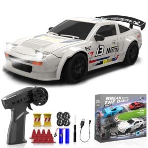 1/24 RC Drift Body Remote Control Car 2.4Ghz 17KM/H High Speed 4WD Racing Toy with LED Lights Extra Tires 2 Rechargeable Batteries for Kids Boys Girls Adults