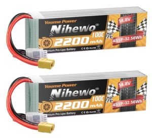 Nihewo 4S Lipo Battery 14.8V 2200mAh 100C with XT60 Plug for Sussex Models RC Airplane Drone Quadcopter Helicopter 2 Pack