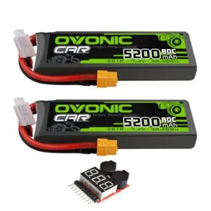 OVONIC Lipo Battery 2S 5200mAh Battery 7.4V 80C Battery with XT60 Plug Hard Case for 1/8 1/10 RC Vehicles Car Slash RC Buggy Truggy RC Airplane UAV Drone(2 Packs)(with Lipo Voltage Checker)