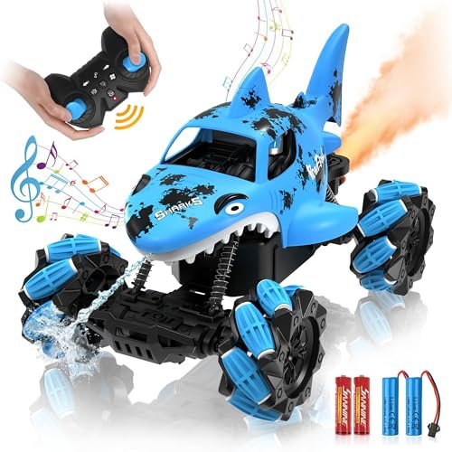 AquaShark 1/14 Scale Remote Control RC Truck with Lights Sounds and Water Spray Function for Kids Ages 5 7 Blue