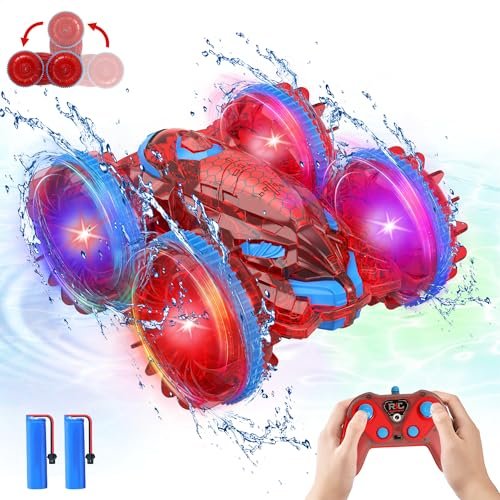 Flybakiz Spider Amphibious Remote Control Car and RC Boats Battleships for Kids with LED Lights 2.4GHz 4WD Stunt Car Waterproof Outdoor Pool Toy