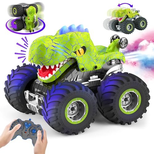 Jurassic Adventures RC Stunt Monster Truck 2.4GHz Remote Control Dinosaur Car with Spray Light Sound for Kids Ages 4 7 8 12