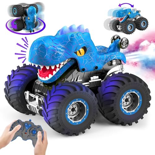 Dino Racer Cars 2 RC Toys 2.4GHz Remote Control Monster Truck with Spray Light Sound for Kids Age 4 7 8 12 All Terrain Stunt Car Gift
