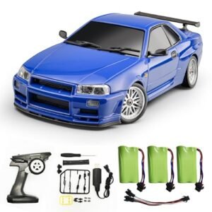 Skymaker Drift GTR RC Car LDRC LD1899 1/18 Scale GTR R34 2.4GHz RWD with Gyroscope Alloy Shell and 3 Batteries Blue
