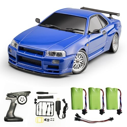 Skymaker Drift GTR RC Car LDRC LD1899 1/18 Scale GTR R34 2.4GHz RWD with Gyroscope Alloy Shell and 3 Batteries Blue