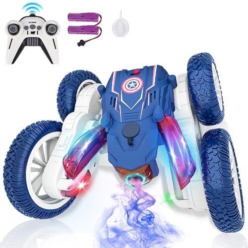 Amana RC Cars Superhero Stunt Remote Control Car with Spray Effect LED Words Rechargeable 4WD 360 Flip Double Sided Off Road Toys for Boys 4 5 6 7 8 12 Years Old