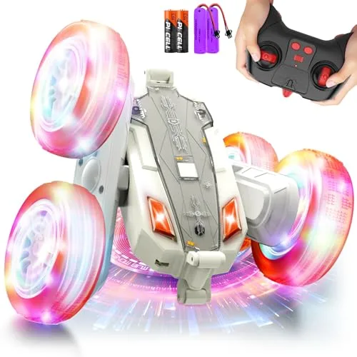 Paaxido Remote Control Cars RC Mack Truck Stunt RC Car 2.4Ghz 4WD Double Sided 360 Rotating with Headlights Wheel Lights Toy Gift for Kids Boys Girls Aged 6 12