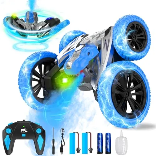Paaxido 4WD Stadium Truck RC Remote Control Car with 360° Rotating Stunt Lights and Spray Rechargeable Batteries for Kids Outdoor Play