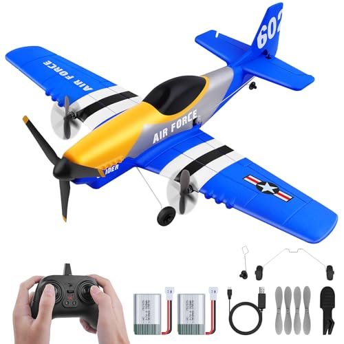 Volantex RC P51D Mustang RC Plane Electric 3 Channel 2.4GHZ Remote Control Airplane with Gyroscopes Stabilization System and 2 Batteries for Beginners Kids Adults