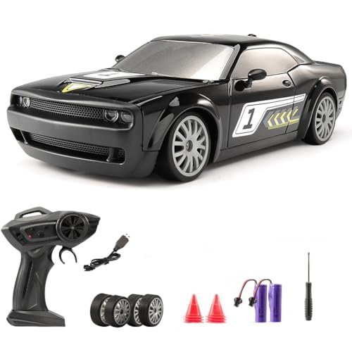 Jaming KF27 Gas Powered RC Nascar Cars 1:20 Scale 4WD High Speed Drift Racing Toy with LED Lights and 2.4G Remote Control for Kids Black 2 Battery