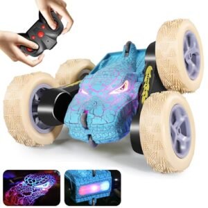 FORALES RC Willey Floor Lamps Remote Control Car Dinosaur Toys for Kids Rechargeable 360 Flip Double Sided Stunt Cars with LED Lights 4WD Drift Truck Blue