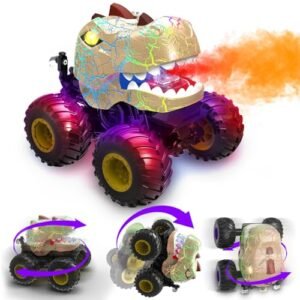 YUAN PLAN Trimaran RC Remote Control Dinosaur Car 2.4GHz 4WD All Terrain Stunt Monster Truck with Spray Light and Music for Kids Ages 3 to 12 Brown