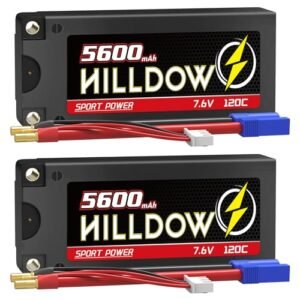 Hilldow 2S Shorty Lipo Battery 5600mAh 120C HV 7.6V Lipo Battery Hard Case with 5mm Bullet to EC3 Connector for RC 1/10 Scale Vehicles Trucks Boats RC Models（2 Packs）