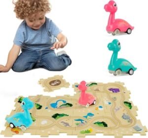 Cars 3 RC Turbo Racer Dinosaur Toddler Toys Set with 2 Dino Cars and Puzzle Track for Boys Ages 2 3 4 5