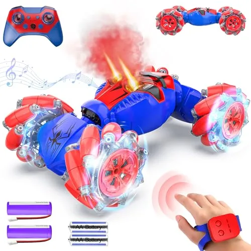 BEZGAR RC Monster Truck Jumps Gesture Sensing Stunt Car with LED Lights and Music for Kids