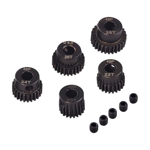 5Pcs 48DP Pinion Gear Set, 20T 22T 24T 26T 28T Hardened Steel Pinion Gear Set with 5mm Hole, RC Motor Gear Climbing Car Gear Accessories Suitable for 1/10 RC Brushless Brush Motor