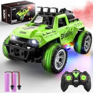 DEERC Remote Control Car with Fog Mist & LED Colorful Lights, 1:18 Scale RC Truck with 2 Batteries, 2.4Ghz Monster Truck for Boys, All Terrain Off-Road Race car, Educational Toy & Gift for Boys Girls