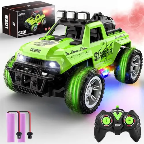 DEERC Remote Control Car with Fog Mist & LED Colorful Lights, 1:18 Scale RC Truck with 2 Batteries, 2.4Ghz Monster Truck for Boys, All Terrain Off-Road Race car, Educational Toy & Gift for Boys Girls