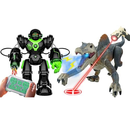 BEZGAR RC Robot Dinosaur Toy with Walking Spinosaurus Light Tracking Remote and Water Spray Features