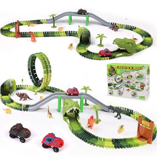 GONGDAO Dinosaur Race Track Toys Flexible Train Tracks with 3 Dinosaur Cars for Kids Toddlers Ages 3 to 8